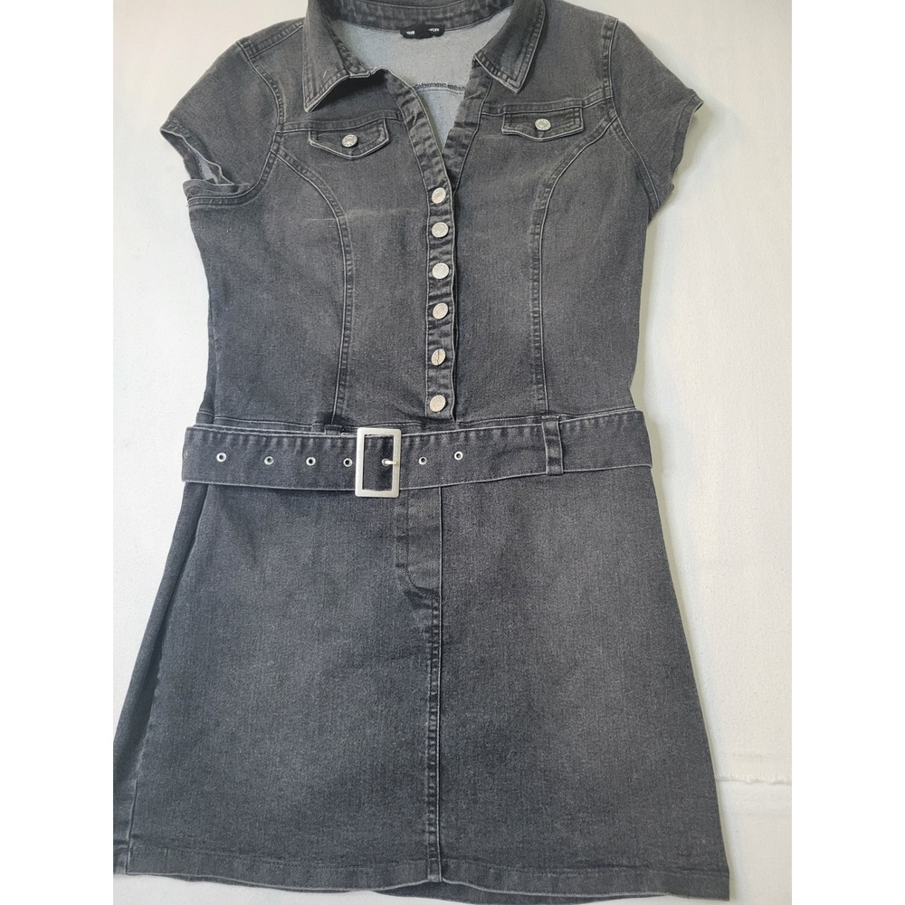 Fourteen Twelve Black Denim Mini Dress Short Sleeve Belted Button Front XL 2605